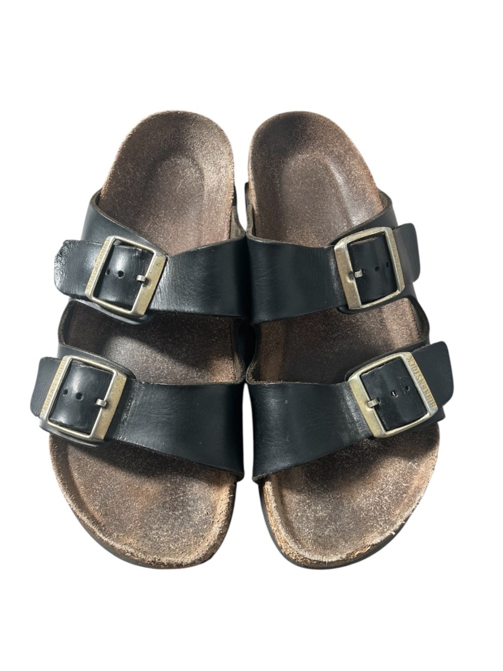 Gold Buckle Black Leather Birkenstocks Size 38